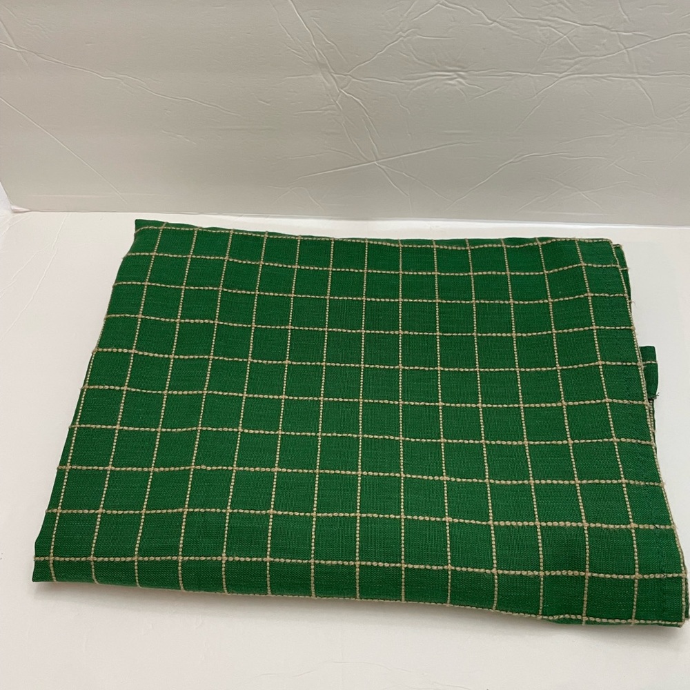 Green and tan cotton fabric tablecloth. 82x59 inches. Very pretty.